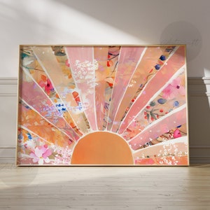 Horizontaler Boho Sun Print, Boho Orange & Blush Sun, Aquarell druckbare Blumensonne, abstrakter Sonnenaufgang, Midcentury moderne Kunst