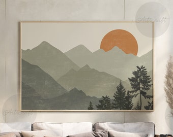 Horizontal Mountain Print, Boho Green & Orange Mountain, Abstract Landscape, Mid Century Modern Sage Wall Decor, Mountain wall Art Poster
