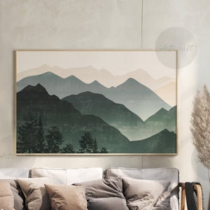 Impresión horizontal de montaña, montaña verde con bosque bohemio, paisaje abstracto, decoración de pared neutra moderna de mediados de siglo, póster de arte de pared de montaña