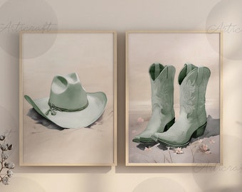 Coastal Cowgirl Print Set of 2, Sage Green Boots, Flower Hat, Digital Art, Western Printable Art, Southern Girl Trendy Dorm Preppy Poster