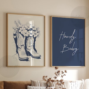 Cowgirl Print Set of 2, Howdy Baby, Flower Boots, Digital Wall Art, Denim Blue Western Printable Art, Southern Girl Trendy Posters, Preppy