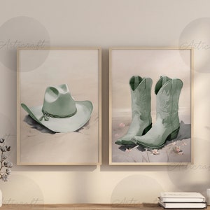 Coastal Cowgirl Print Set of 2, Sage Green Boots, Flower Hat, Digital Art, Western Printable Art, Southern Girl Trendy Dorm Preppy Poster