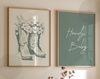 Cowgirl Print Set of 2, Howdy Baby, Flower Boots, Digital Wall Art, Sage Green Western Printable Art, Southern Girl Trendy Posters, Preppy