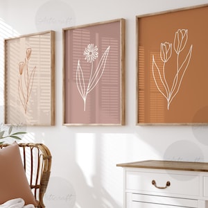 Ligne minimaliste, impression botanique, lot de 3 oeuvres d'art murales, Boho rose poudré floral imprimable fleurs sauvages en terre cuite, maison moderne