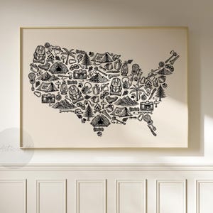 Carte des États-Unis de camping, art imprimable, carte des États-Unis moderne beige neutre et noir, croquis de décoration murale de la galerie de doodles, affiches dessinées à la main, cadeau pour lui, petit ami