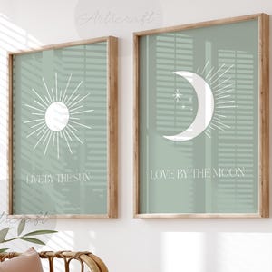Green Live by the Sun Love by the Moon Art Set of 2 Prints, Boho Sun Moon Digital Art, Sage Abstract Sun Moon Wall Art, Typography