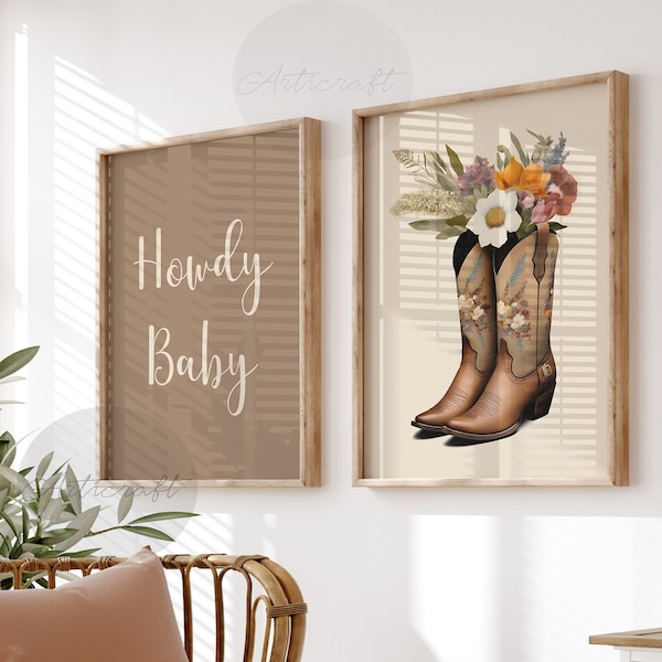 Cowgirl Print Set of 2, Howdy Baby, Flower Boots, Digital Wall Art, Brown Western Printable Art, Southern Girl Trendy Posters, Preppy