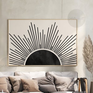 Horizontal Sun Print, Boho, Black Beige Sun Mid century Modern Printable Geometric Sun, Abstract Sunrise Wall Art Decor, Scandinavian Art