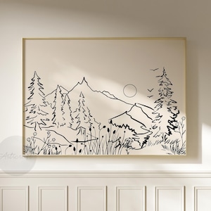 Puede incluir: Un dibujo en blanco y negro de un paisaje de montaña con árboles, hierba y un sol. El dibujo está sobre un fondo beige.