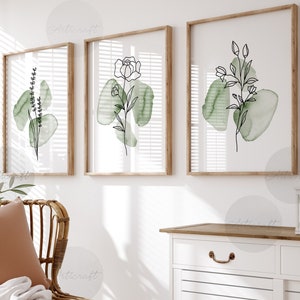 Boho Botanical Print Set of 3, Green Gallery Wall Art, Sage Wild ...