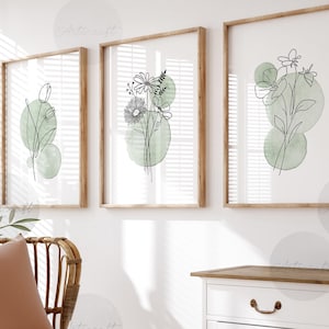 Juego de 3 impresiones botánicas, arte mural de galería verde salvia, flores silvestres imprimibles, líneas abstractas, acuarela, decoración floral para el hogar, pósteres cottagecore