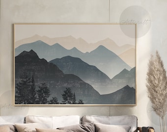 Horizontal Mountain Print, Boho Navy Blue Mountain, Abstract Landscape, Mid Century Modern Neutral Wall Decor, Mountain wall Art Poster