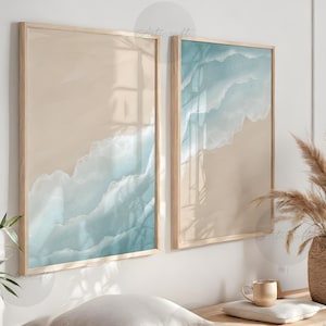 Lot de 2 imprimés abstraits de plage, art mural aquarelle océan, affiches de bord de mer beige bleu aqua, art minimaliste de plage, art numérique