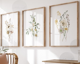 Watercolor Botanical Print Set of 3, Floral Printable Art, Gallery Wall art, Wild Flowers, Boho Floral Farmhouse Art, Modern Home Decor Art