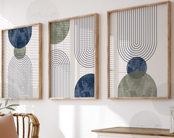Set di 3 stampe di arte geometrica moderna di metà secolo, verde salvia e blu navy, arte astratta stampabile in stile boho, stampe di arcobaleno di linee, download digitale