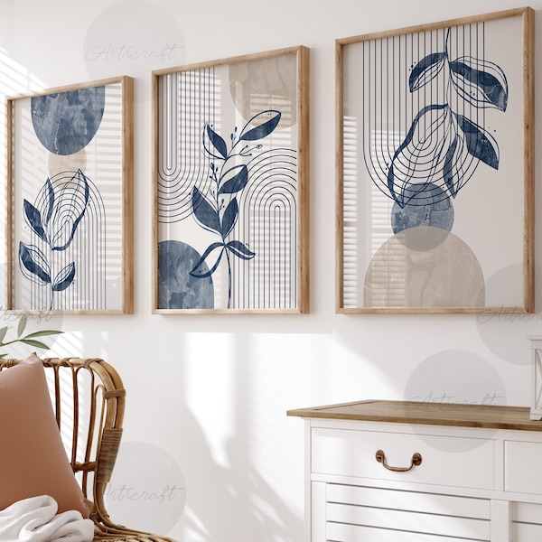 Set of 3 Boho Wall art Prints, Digital Boho Botanical Prints, Mid Century Prints, Navy Blue Beige Printable Art, Abstract Line, Home Decor