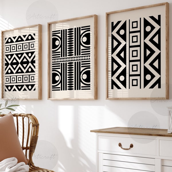 Abstract Black Beige Geometric Print Set of 3, Digital Rug Pattern Wall decor, Mud Cloth Printable Wall Art, Neutral Boho Tribal wall art