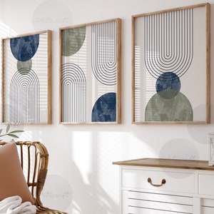 Set di 3 stampe di arte geometrica moderna di metà secolo, verde salvia e blu navy, arte astratta stampabile in stile boho, stampe di arcobaleno di linee, download digitale