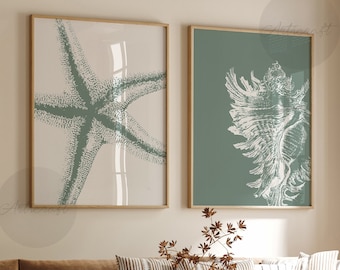 Coastal Print Set of 2, Sage Green Printable Beach Art, Sea Star Print, Seashell Wall Decor, Minimalist Beachy Art, Digital Boho Gallery Art