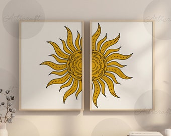 Boho Yellow Sun Print Set of 2, Mid Century Modern Geometric Sun Print, Line Art, Boho Sun, Digital Abstract Sun, Nursery Art, Boho Wall art