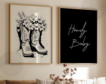 Cowgirl Print Set of 2, Howdy Baby, Flower Boots, Digital Wall Art, Black Beige Western Printable Art, Southern Girl Trendy Posters, Preppy