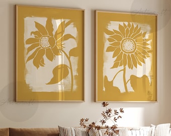 Abstract Sunflower Art Print Set of 2, Floral Printable Art, Boho Digital Download, Modern Home Decor, Farmhouse Posters, Mustard Yellow Art