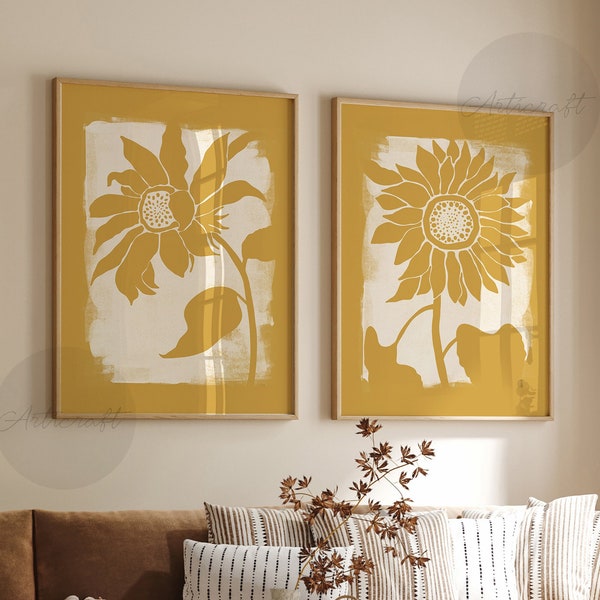 Abstract Sunflower Art Print Set of 2, Floral Printable Art, Boho Digital Download, Modern Home Decor, Farmhouse Posters, Mustard Yellow Art