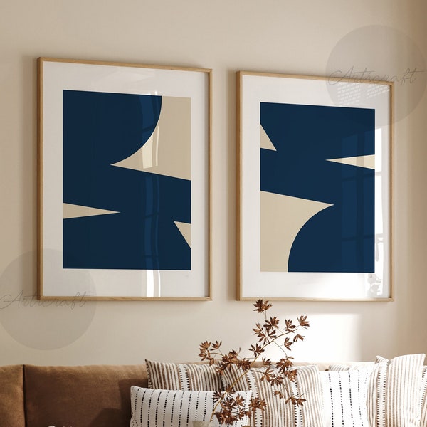 Marine Mid Century Modern Geometrischer Druck 2er-Set, Boho Beige und Marineblau Digitale Abstrakte Wanddekoration, Linie Wandkunst Set, Galeriekunst