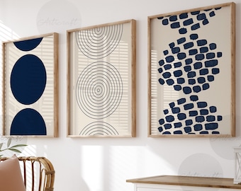 Navy Mid Century Modern Geometric Print Set of 3, Boho Beige and Navy Blue Digital Abstract Wall decor, Line Wall Art Set, Gallery art