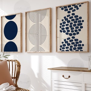 Navy Mid Century Modern Geometric Print Set of 3, Boho Beige and Navy Blue Digital Abstract Wall decor, Line Wall Art Set, Gallery art