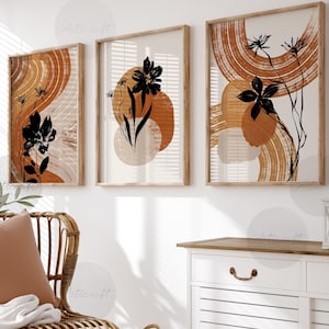 Set of 3 Boho Wall art Prints, Boho Botanical Prints, Midcentury Modern Black, Beige & terracotta Orange Printable Art, Abstract, Home Decor