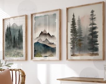 Mountain Print Set of 3, Watercolor Mountain, Abstract Landscape, Nature Prints, Modern Minimal Wall Decor, Digital Pine Forest wall Art