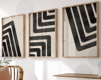 Mid Century Modern Geometric Print Set of 3 Prints, Digital Abstract Wall decor, Geometric Line Wall Art Set, Black Beige Gallery wall art