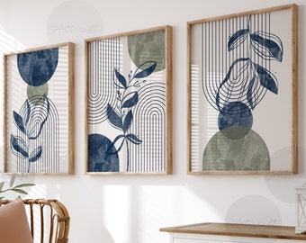 Set of 3 Boho Wall art Prints, Boho Botanical Prints, Boho Prints, Sage Green Beige Navy Blue Printable Art, Abstract Line Boho Home Decor