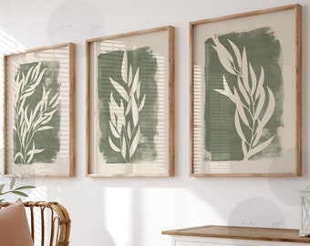 Sage Green Botanical Set of 3, Boho Farmhouse Printable Wall Art, Minimal Olive Leaves Botanical Art, Green Modern Olive Brach Home Decor