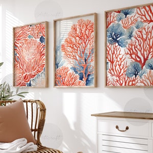 Aquarel koraal print set van 3, kustmuurkunst, oceaan marineblauwe en oranje afdrukbare kustposters, nautische kunst, strand digitale kunst