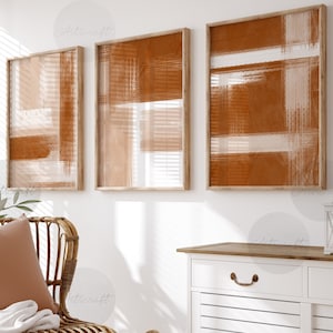 Arte astratta in terracotta, set d'arte moderna da 3 pezzi, dipinto, set d'arte da parete per galleria, decorazione da parete digitale minimalista arancione con pennellate