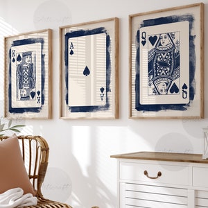 As, roi et reine, art mural cartes à jouer, lot de 3 impressions, art imprimable numérique preppy bleu marine beige, affiches rétro tendance Mid-Century