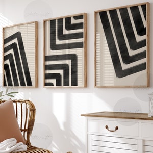 Mid Century Modern Geometric Print Set of 3 Prints, Digital Abstract Wall decor, Geometric Line Wall Art Set, Black Beige Gallery wall art