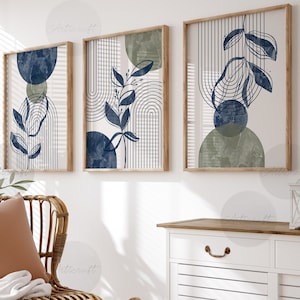 3er Set Boho Wand Kunstdrucke, Boho Botanische Drucke, Boho Prints, Salbei Grün Beige Marine Blau druckbare Kunst, Abstrakte Linie Boho Home Decor