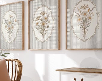 Floral printable set of 3 retro neutral flowers wall art digital striped botanical, vintage cottagecore wildflowers, summer home decor