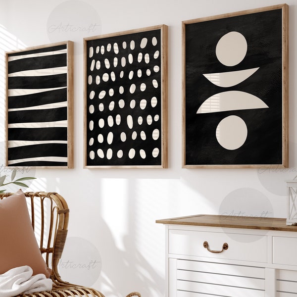 Mid Century Modern Geometric Print Set of 3, Digital Abstract Wall decor, Boho Wall Art Poster Set, Black Cream Gallery wall art, Posters