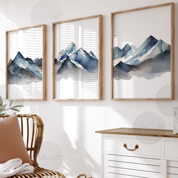 Mountain Print Set of 3, Watercolor Blue Mountain, Abstract Landscape, Nature Print Set, Modern Minimalist Wall Decor, Boho wall Art