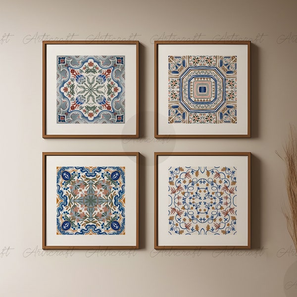 Moroccan Tiles Print Set of 4, Digital Tile Pattern Wall decor, Pastel Printable Wall Art, Boho Ethnic wall art, North African Art Posters