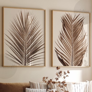 Minimalistiskt botaniskt neutralt tryck, set med 2, brunbeige palmbladstryck, digital bohemisk väggkonst, modern tropisk utskrivbar poster