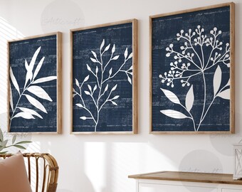 Navy Blue Wall Art Botanical Print Set of 3 Floral Wall Art - Etsy