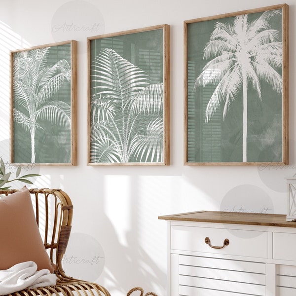 Lot de 3 imprimés abstrait palmier, art tropical imprimable, décoration murale moderne vert sauge pastel feuilles de palmier, art minimaliste, art bohème plage