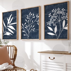 Navy Blue Botanical Print Set of 3, Minimal Abstract Botanical Prints, Boho Gallery Wall art, Blue White Botanical Wall Decor, Floral Art