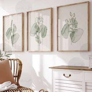 Juego de 3 impresiones botánicas bohemias, arte de pared de galería en verde y beige, arte imprimible de flores silvestres de salvia, arte floral abstracto de acuarela para decoración del hogar.