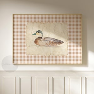 Mallard duck printable poster, Vintage nursery farmhouse cottagecore wall art digital trendy gingham playroom decor retro kids&#39; illustration